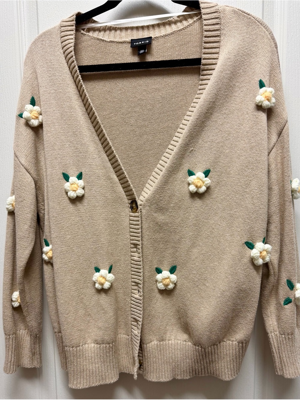 torrid Beige Knit Cardigan with Cream Flower Appliqués